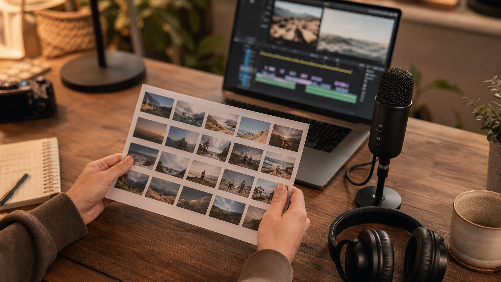 画像一覧、動画編集画面、ヘッドホン、マイクを確認し、素材を仕上げる手元の写真。顔、ロゴ、読める文字はない